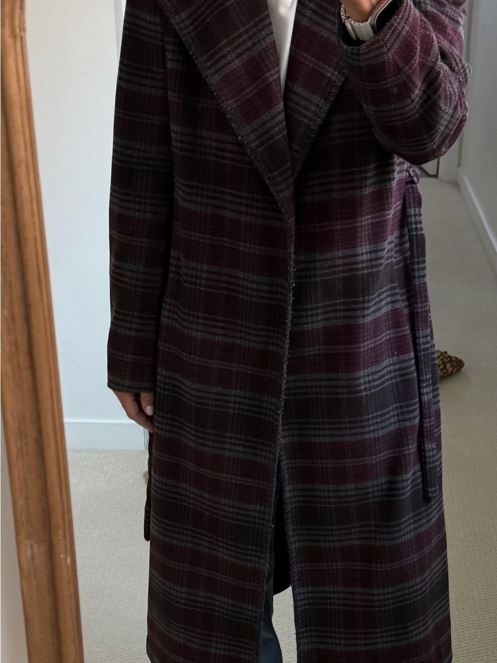 PAIGE Plaid Long Trench Coat in Burgundy and Gray